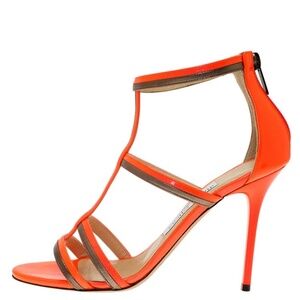 Jimmy Choo Neon Orange Patent Thistle Sandals Size 39.5